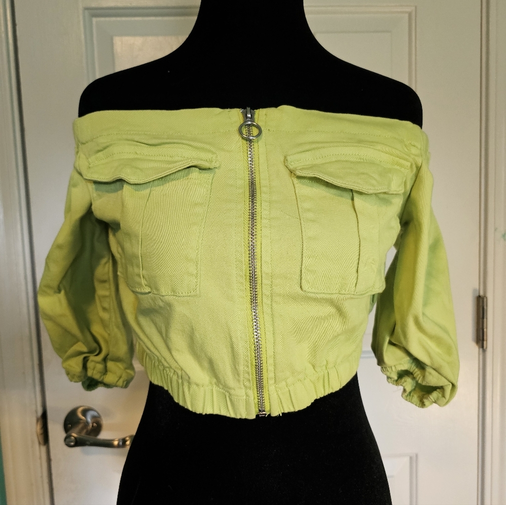American Bazi Lime Green Off-Shoulder Full Zip Crop Top Women's Sz S